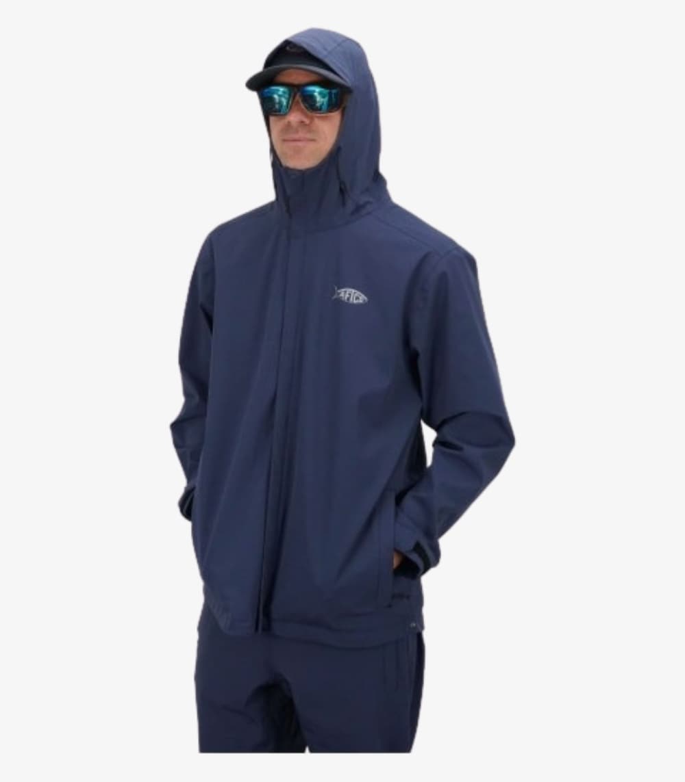 AFTCO Transformer Packable Fishing Jacket for Men Naval Water-Resistant Hooded Rain Shell